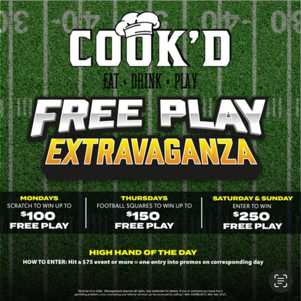 Cook'd restaurant's "Free Play Extravaganza" promotional poster on a football field background.