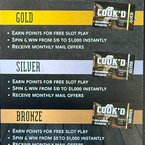 Cook'd Rewards program details for Gold, Silver, and Bronze tiers, showing benefits and reward cards.