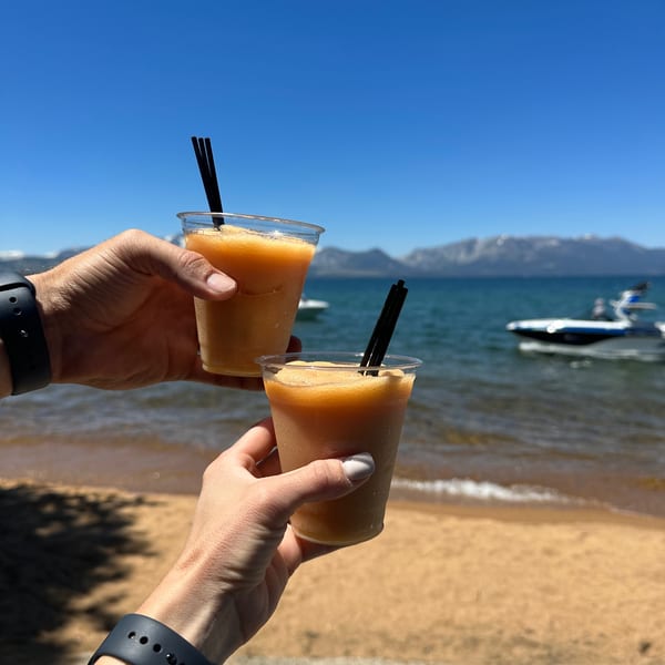 Two hands holding frozen drinks, toasting on a sunny beach with a lake and mountains in the background.