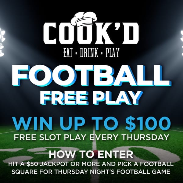 Cook'd restaurant advertisement for "Football Free Play" with a football field background and spotlights.